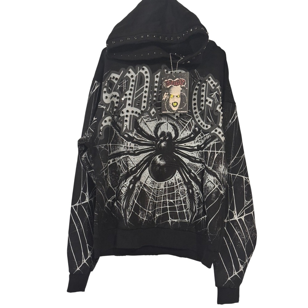 Stray Rats ST1605 Black Spider Web Rhinestone Graphic Hoodie Mens Small NEW